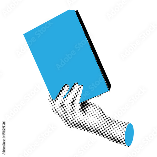 Man hand with book in retro halftone style,cut out element for modern college,educational concept