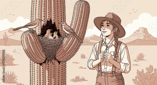 Observing Nature: Young Woman Gazes at Birds' Nest in Southwestern Desert Landscape