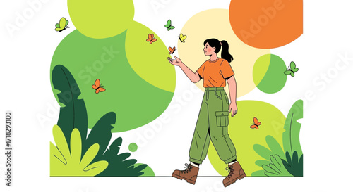Observing Nature: Young Woman Admiring Butterflies Amidst a Naturalistic Landscape