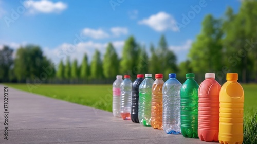 Various Plastic Bottles Lining Pathway in Bright Outdoor Park Scene