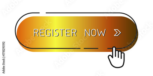 Modern golden rounded CTA button with shine, "Register now" text, arrow icon, web UI element for landing pages, mobile apps or banners.