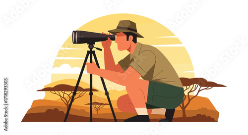 Observing The African Wildlife: A Man With A Binocular Exploring The Savanna Landscape