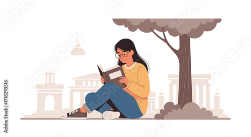 Young Woman Reading Book Outdoors With Buildings In The Background Peaceful Moment