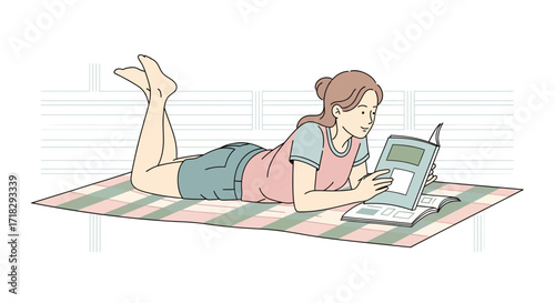 Young Woman Reading on Ground in Simple Illustration, Enjoying Leisure Time Quietly