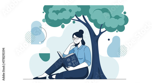 Young Woman Reading Science Book Beneath Tree Depicting Peaceful Moment and Knowledge