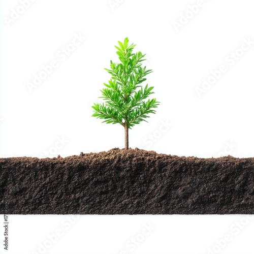 Small Green Seedling Growing in Rich Dark Soil Isolated on White Background