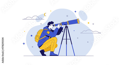Observing The Cosmos: Curious Explorer Viewing Celestial Objects Through Telescope, Illustration