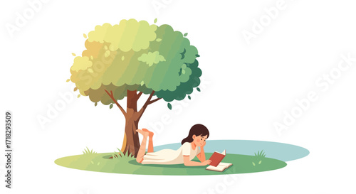 Young Woman Relaxes, Reading Under a Shady Tree Enjoying Peaceful Solitude Moments