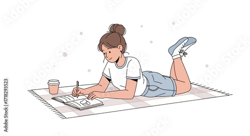 Young Woman Relaxing And Writing In A Journal While Enjoying A Coffee Outside