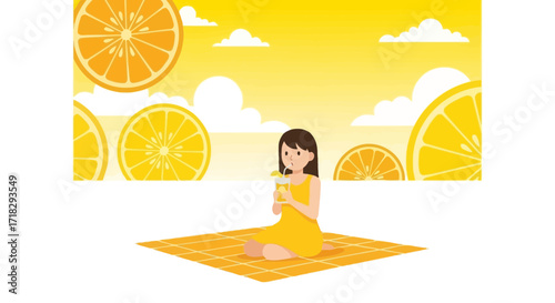 Young Woman Relaxing While Drinking Citrus Juice On A Sunny, Yellow-Colored Day