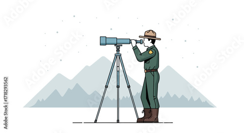 Observing The Horizon: A Park Ranger Surveys The Mountains Through A Telescope