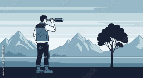 Observing The Horizon: A Traveler Surveying Majestic Mountains With Binoculars