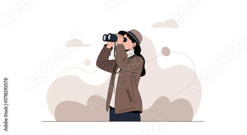 Observing The Horizon: A Vector Illustration Of A Person Using Binoculars For Focus