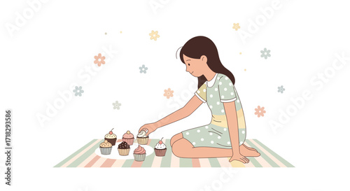 Young Woman Selecting Cupcakes For Celebration On Pastel Blanket Illustration Artwork