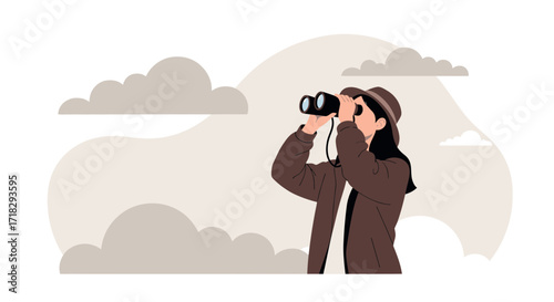Observing The Horizon: A Woman Explores Using Binoculars In A Serene Landscape