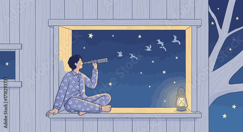 Observing The Night Sky Through A Telescope Amidst Serene Celestial Wonders