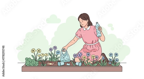 Young Woman Tending Garden Recycling Plastic, Promoting Environmental Stewardship, or Gardening