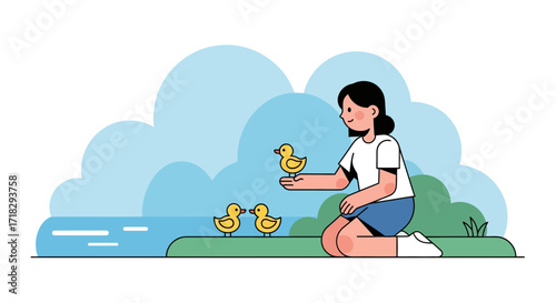 Young Woman With Ducks At The Pond, Showing Her Compassion For Nature's Creatures