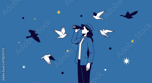 Observing The Sky And Watching Birds Fly In A Blue Fantasy Scene