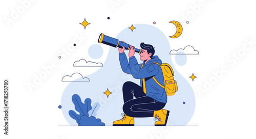 Observing The Stars, Vector Illustration Depicting Exploration and Future Vision