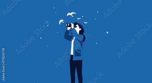 Observing The Sky And Birds: A Person Admiring Nature's Wonders With Binoculars