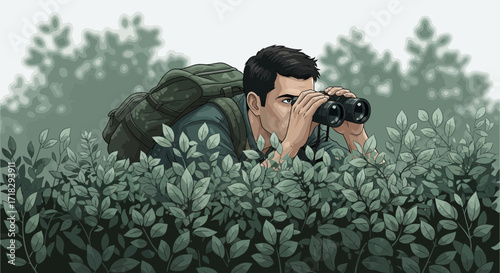 Observing Wilderness: A Hiker With Binoculars Surveys The Landscape In Nature's Embrace