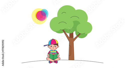 Youngster Absorbed In A Good Book Beneath The Shade Of A Big Tree.