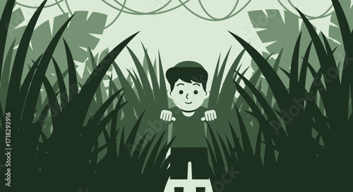 Youngster Appearing From Dense Greenery, Simple Style Illustration of Boy in Jungle