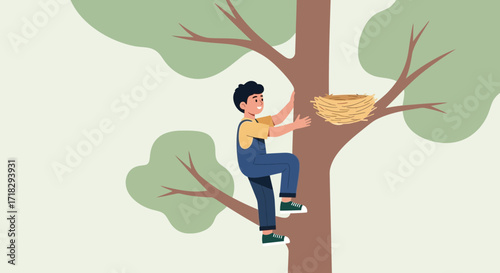Youngster Ascends Tree to Observe a Cozy Nest Near the Lush Green Foliage Scene