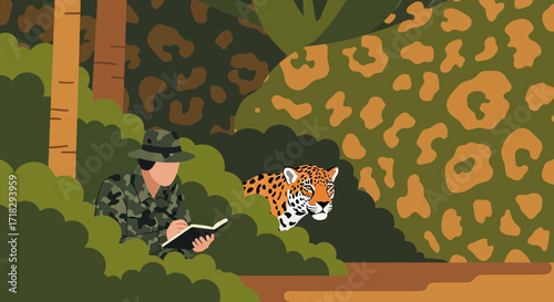 Observing Wildlife: A Hidden Jaguar and A Researcher Records Their Observations