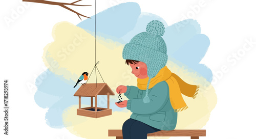 Youngster Carefully Feeds Birdseed to Delightful Birdwatching Friends on Winter Days