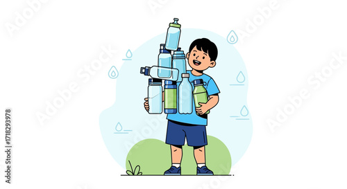 Youngster Carrying Stack Of Water Bottles Illustrating Sustainability And Eco-Friendly Practices