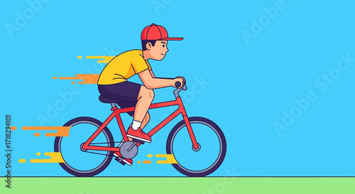 Youngster Cycling Fast on a Bicycle, Joyful Movement on a Sunny Day