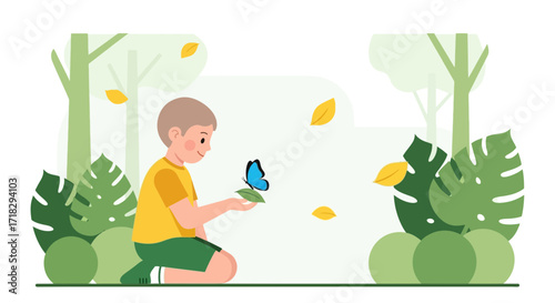 Youngster Delighted Observing A Vivid Butterfly On A Green Leaf Amidst A Serene Setting