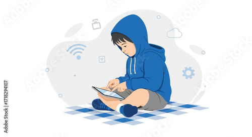 Youngster Engaging With Tablet, Showcasing Tech-Friendly Concepts and Illustrative Imagery