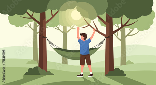 Youngster Enjoying Hammock Relaxation In Green Forest For Weekend Resting