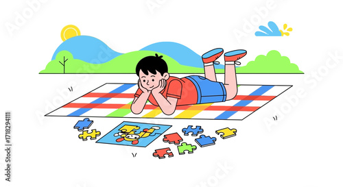 Youngster Engaged In Puzzle Solving On a Picnic Mat Under a Sunny Sky