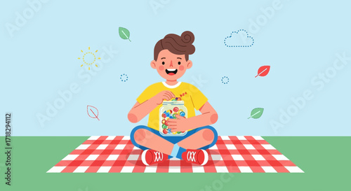 Youngster Enjoying Delights, Smiling Openly And Relishing Colorful Candies Outdoors