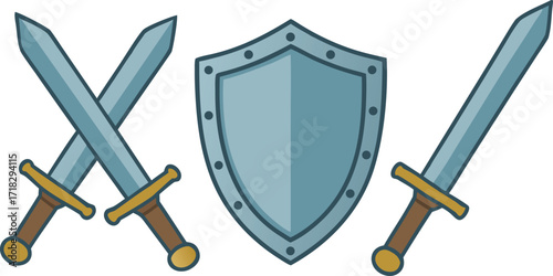Vector medieval knight sword and shield set illustration for game design and fantasy vector