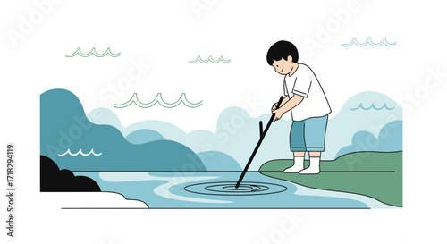 Youngster Enjoying Peaceful Water Recreation Near Verdant Nature and Tranquil Outdoors