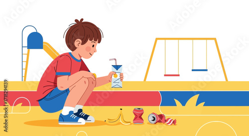 Youngster Enjoying Refreshment At Playground While Encountering Littered Edibles