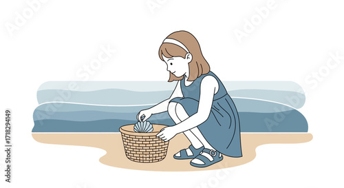 Youngster Harvesting Seaside Treasures: Collecting Shells Into a Coastal Woven Basket