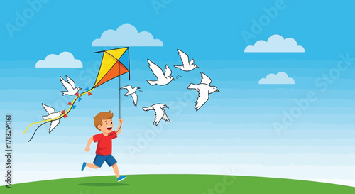 Youngster Enjoys The Delight Of Flying a Kite Interacting With Majestic Birds In The Sky