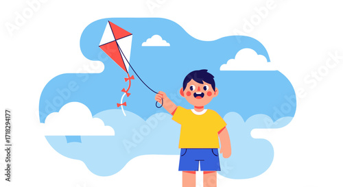 Youngster Joyfully Flying Kite: Sunny Day, Blue Skies, Playful Moment, Outdoor Fun