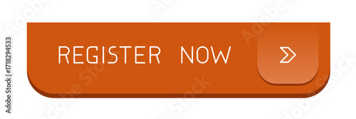 Modern orange rounded CTA button, "Register now" text, arrow icon, web UI element for landing pages, mobile apps or banners.