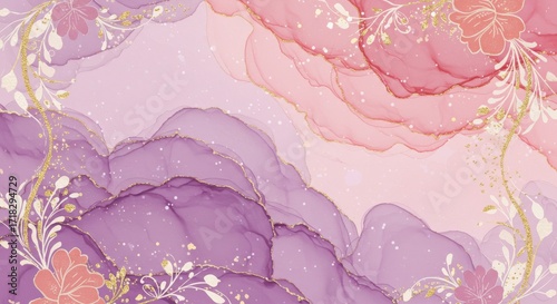 Abstract watercolor waves in shades of purple and pink, with delicate gold floral accents and shimmering glitter particles.