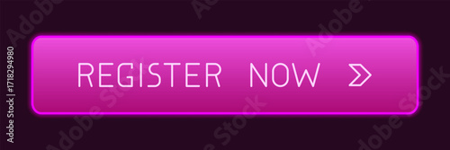 Modern neon pink rounded CTA button with shine, "Register now" text, arrow icon, 3D effect, web UI element for landing pages, mobile apps or banners.