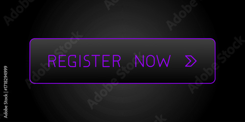 Modern purple and black rounded CTA button with shine, "Register now" text, arrow icon, 3D effect, web UI element for landing pages, mobile apps or banners.