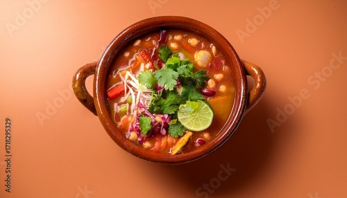 Colorful Pozole Rojo In A Rustic Cazuela With Fresh Garnishes On A Peach Background