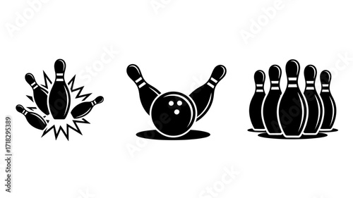 Bowling Strike Illustration Featuring Pins Falling and Ball Hitting a Spare with Group of Pins Standing Ready for Next Round in Black and White